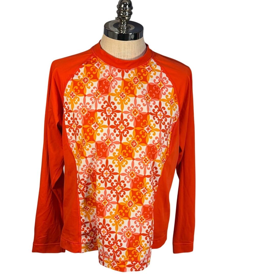 Lands End Womens Orange White Bright Swim Shirt UPF Long Sleeve XL